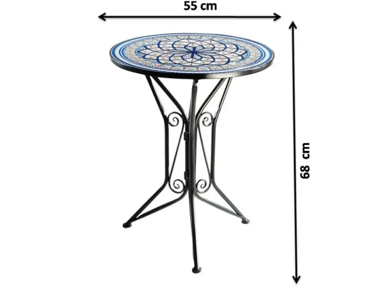 Kobolo Gartentisch Mediterran mit Platte in Mosaikoptik Weiß Blau Höhe 68 cm Durchmesser 55 cm