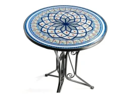 Kobolo Gartentisch Mediterran mit Platte in Mosaikoptik Weiß Blau Höhe 68 cm Durchmesser 55 cm