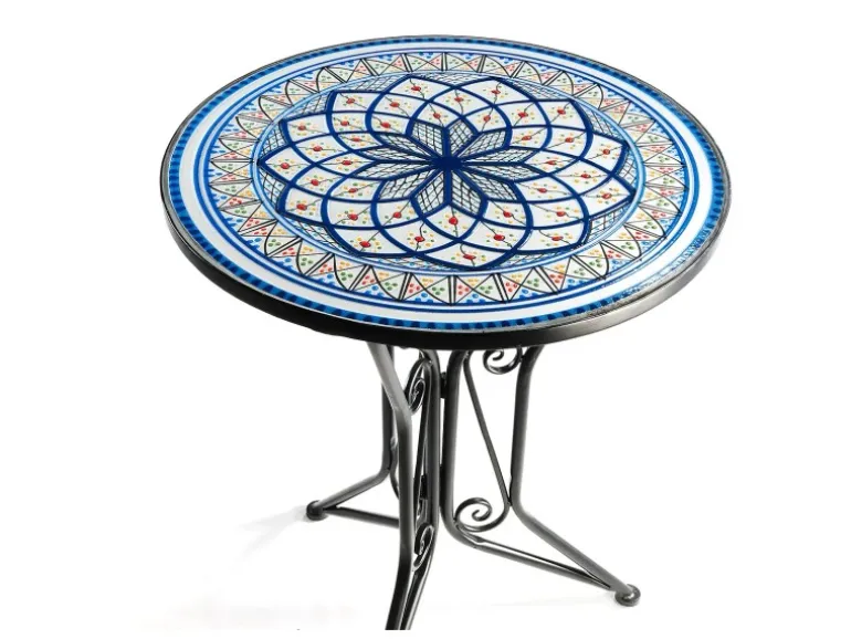 Kobolo Gartentisch Mediterran mit Platte in Mosaikoptik Weiß Blau Höhe 68 cm Durchmesser 55 cm
