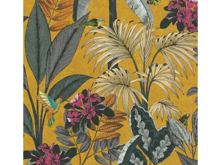 Livingwalls Tapete Bewaldete Landschaft Gelb Grau Grün und Rosa 53 cm x 10,05 m AS-387381