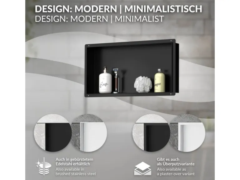 LuxeBath Wandnische aus Edelstahl 60x30x10 cm Schwarz Duschnische Einbauregal