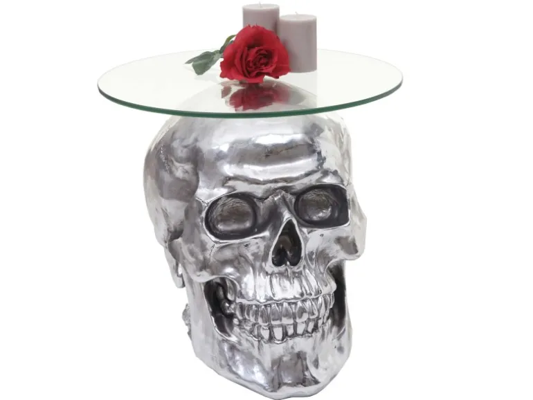 MCW Beistelltisch Totenkopf A19 Polyresin Glastisch Wohnzimmertisch Silber 52x55x55cm