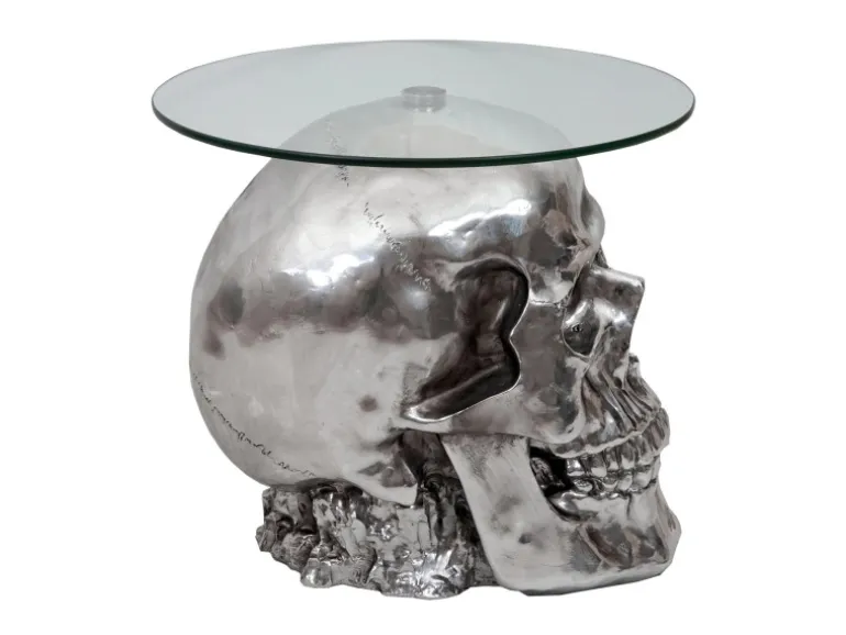 MCW Beistelltisch Totenkopf A19 Polyresin Glastisch Wohnzimmertisch Silber 52x55x55cm