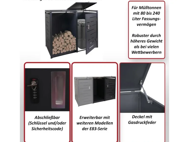 MCW Mülltonnenverkleidung E83-B Anthrazit Stahl 117x132x82cm