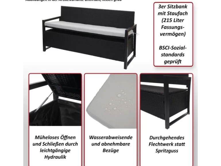 MCW Poly-Rattan 3er Sitzbank F39 Grau Kissen Grau