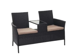 MCW Poly-Rattan Sitzbank mit Tisch E24 Schwarz Kissen Creme
