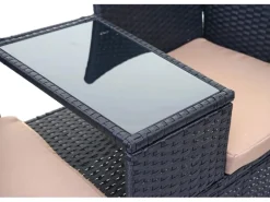 MCW Poly-Rattan Sitzbank mit Tisch E24 Schwarz Kissen Creme