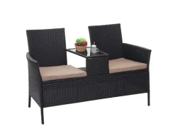 MCW Poly-Rattan Sitzbank mit Tisch E24 Schwarz Kissen Creme