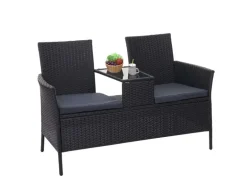MCW Poly-Rattan Sitzbank mit Tisch E24 Schwarz Kissen Dunkelgrau