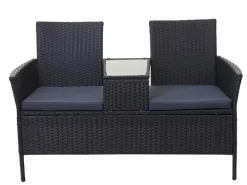 MCW Poly-Rattan Sitzbank mit Tisch E24 Schwarz Kissen Dunkelgrau