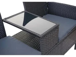 MCW Poly-Rattan Sitzbank mit Tisch E24 Schwarz Kissen Dunkelgrau
