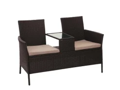 MCW Poly-Rattan Sitzbank mit Tisch E24 Braun Kissen Creme
