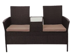 MCW Poly-Rattan Sitzbank mit Tisch E24 Braun Kissen Creme