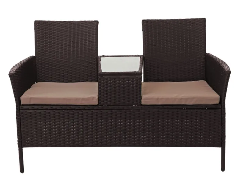 MCW Poly-Rattan Sitzbank mit Tisch E24 Braun Kissen Creme