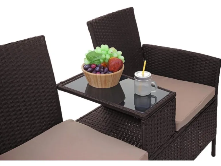 MCW Poly-Rattan Sitzbank mit Tisch E24 Braun Kissen Creme