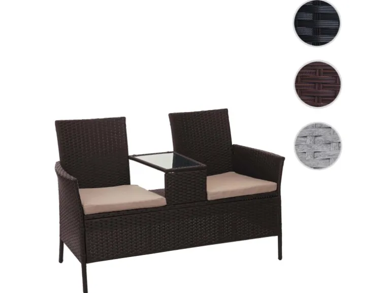 MCW Poly-Rattan Sitzbank mit Tisch E24 Braun Kissen Creme