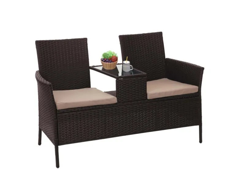 MCW Poly-Rattan Sitzbank mit Tisch E24 Braun Kissen Creme
