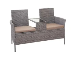 MCW Poly-Rattan Sitzbank mit Tisch E24 Grau Kissen Creme
