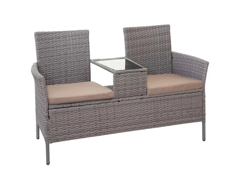 MCW Poly-Rattan Sitzbank mit Tisch E24 Grau Kissen Creme