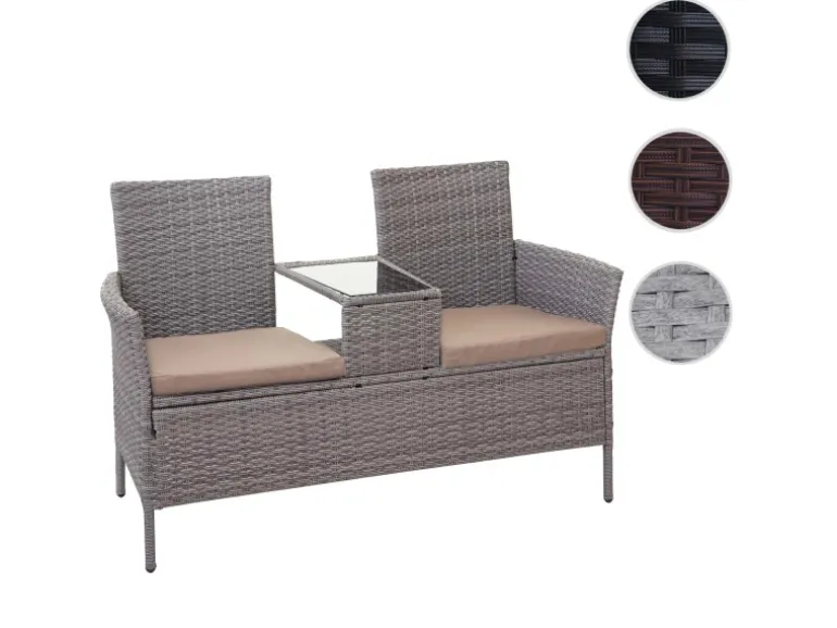 MCW Poly-Rattan Sitzbank mit Tisch E24 Grau Kissen Creme