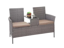 MCW Poly-Rattan Sitzbank mit Tisch E24 Grau Kissen Creme