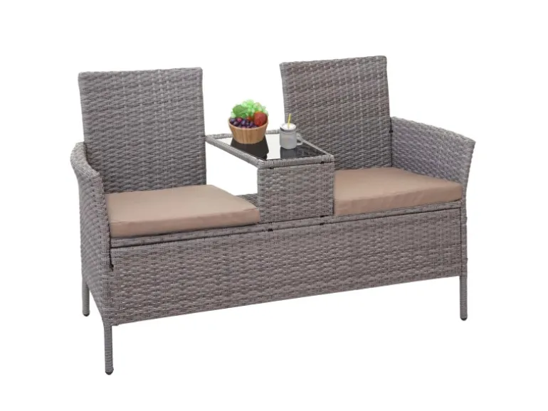 MCW Poly-Rattan Sitzbank mit Tisch E24 Grau Kissen Creme