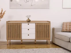 MCW Sideboard M48 Walnuss-Optik Schubladen Dunkelgrau