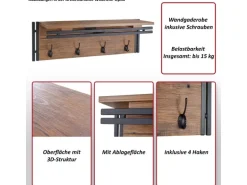 MCW Wandgarderobe A27 4 Haken 3D-Struktur Wildeiche-Optik