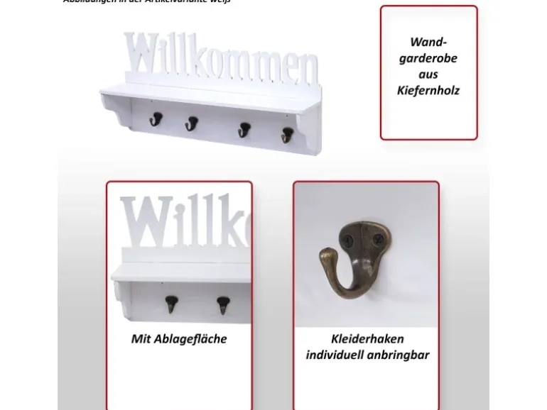 MCW Wandgarderobe D41 Willkommen 4 Haken Weiß