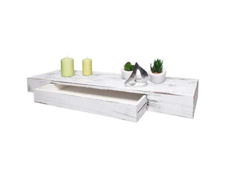 MCW Wandregal H37 Schublade 8x80x25cm Weiß Shabby