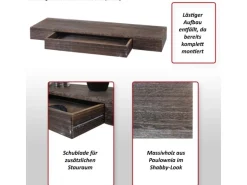 MCW Wandregal H37 Schublade 8x80x25cm Weiß Shabby