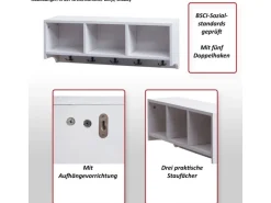 MCW Wandregal K49 Garderobe Wandgarderobe Regal 3 Staufächer 5 Haken 30x80x20cm Holz Naturbraun