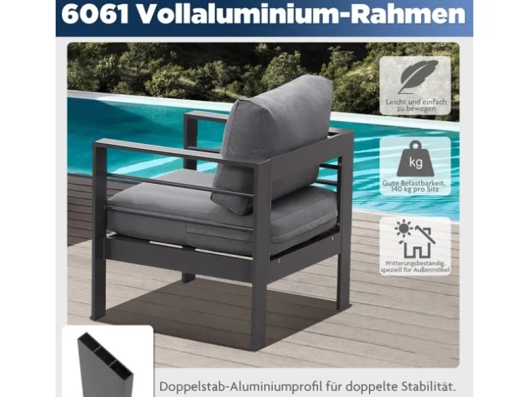 MeXo Gartenmöbel Set aus Aluminium Loungeset für 5 Personen Grau