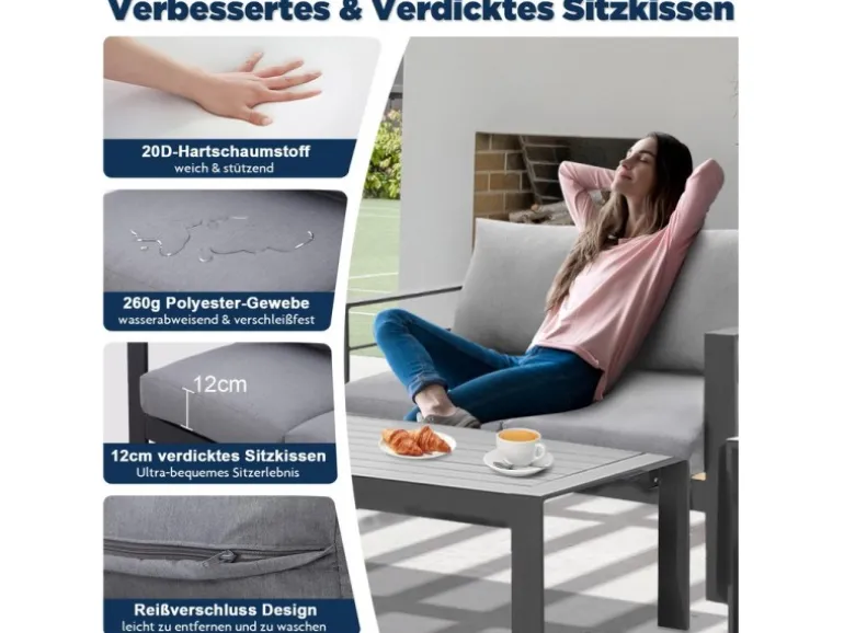 MeXo Gartenmöbel Set aus Aluminium Loungeset für 7 Personen Grau