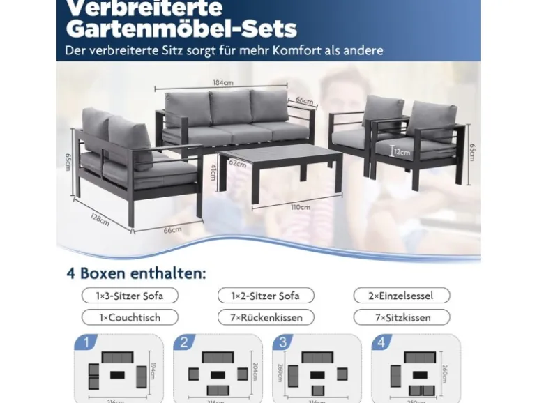 MeXo Gartenmöbel Set aus Aluminium Loungeset für 7 Personen Grau