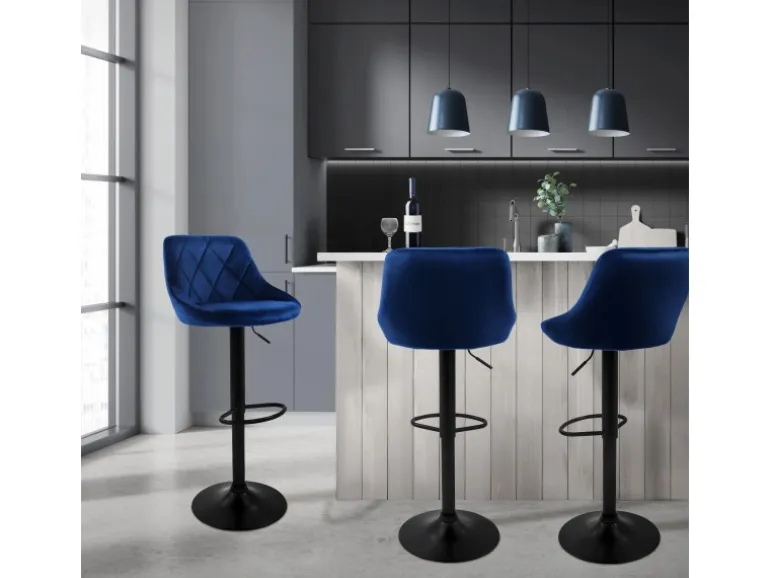 ML-Design Barhocker 2Er Set aus Samt Blau Barstuhl mit Rückenlehne und Fußstütze