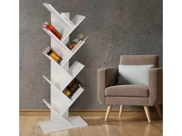 ML-Design Bücherregal mit 9 Ebenen in Baumform 50x25x140cm Weiß Holz Standregal