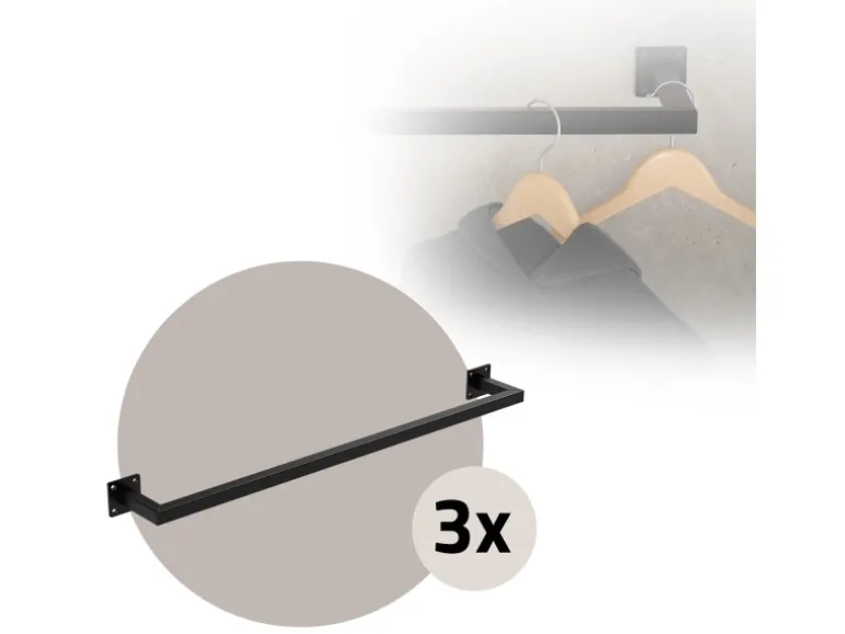 ML-Design 3Er Set Kleiderstange Rechteck für die Wand T12cmxB90cm Schwarz U-Form