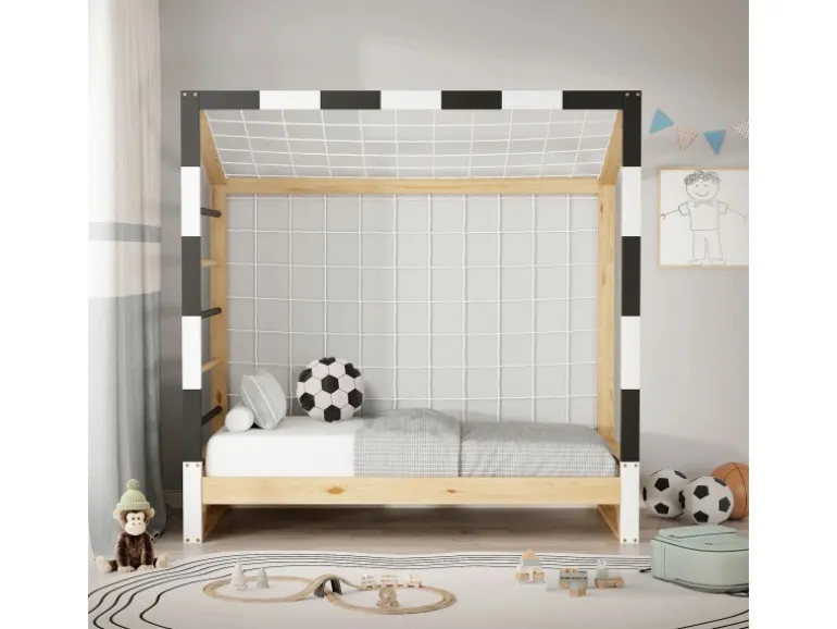 Ml-Design Kinderbett Fußballtor 70x140 cm Schwarz-Weiß Kiefernholz