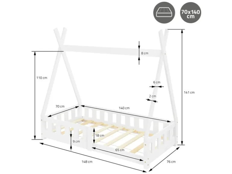 ML-Design Kinderbett Tipi 70x140 cm Weiß mit Rausfallschutz Lattenrost
