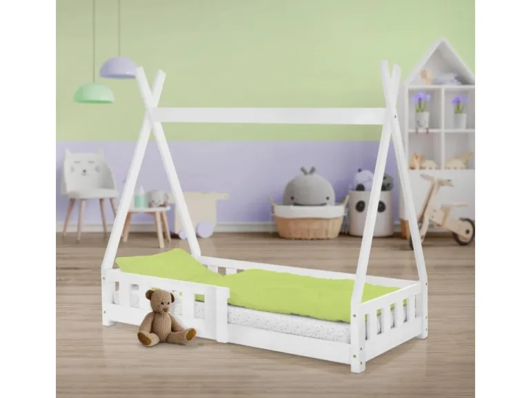 ML-Design Kinderbett Tipi 70x140 cm Weiß mit Rausfallschutz Lattenrost