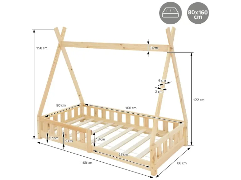 ML-Design Kinderbett Tipi 80x160cm Natur mit Rausfallschutz Lattenrost