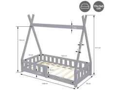 ML-Design Kinderbett Tipi 70x140 cm Hellgrau Rausfallschutz Lattenrost