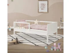 ML-Design Kinderbett 70x140 cm Weiß-Natur Einzelbett mit Lattenrost