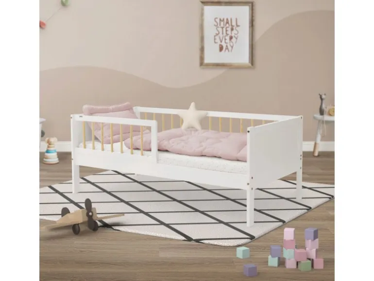 ML-Design Kinderbett 70x140 cm Weiß-Natur Einzelbett mit Lattenrost