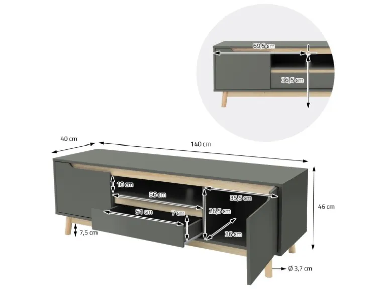 ML-Design TV-Schrank 140x40x46cm Grün-Natur mit 2 Türen für Fernseher bis 65Zoll