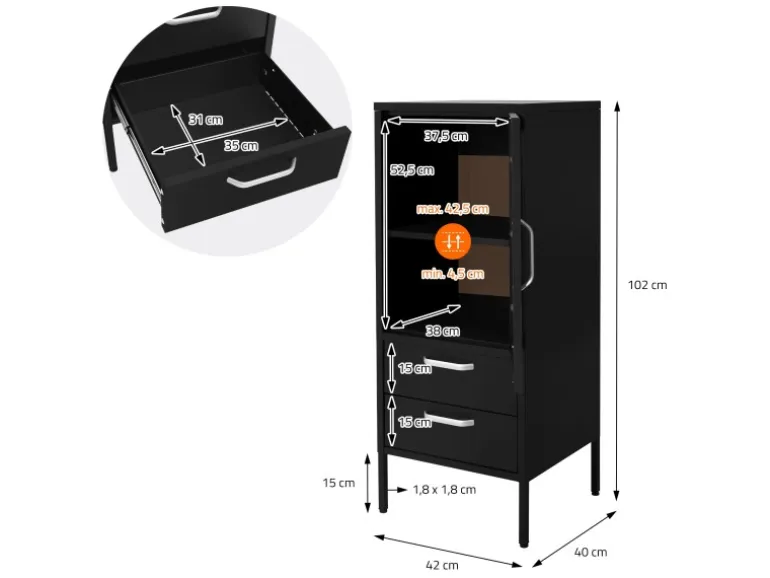 ML-Design Vitrinenschrank 42x102x40 cm Schwarz Metallschrank aus Stahl