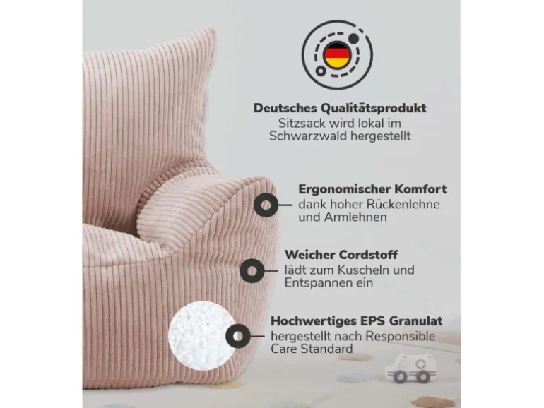 mokebo Kindersessel aus Cord Der Pausenheld Sitzsack Kinder Kindersitzsack in Rosa