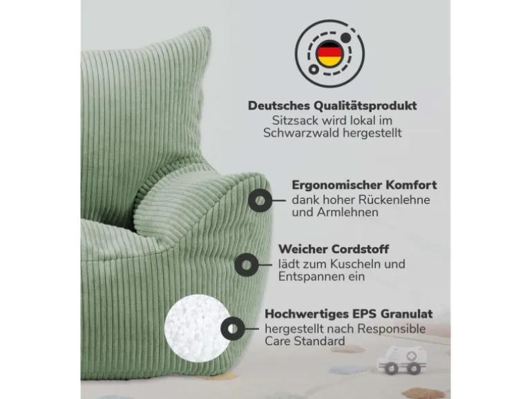 mokebo Kindersessel aus Cord Der Pausenheld Sitzsack Kinder Kindersitzsack in Grün