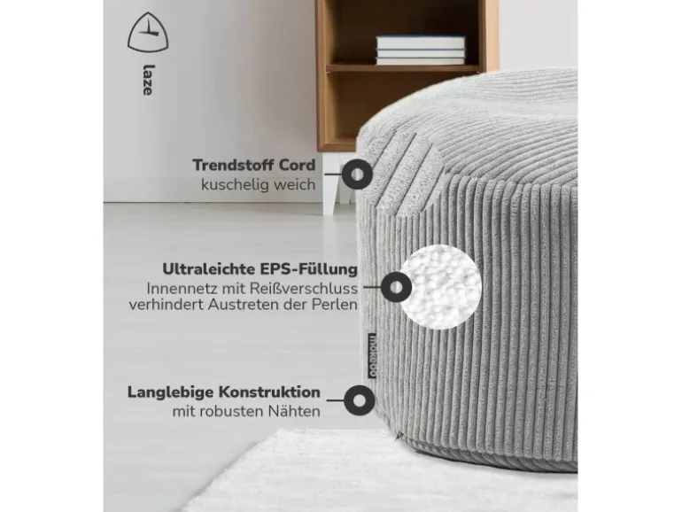 mokebo Pouf oder Sitzhocker aus Cord Der Faule Lenz Fußhocker in Grau mit EPS-Perlen Füllung